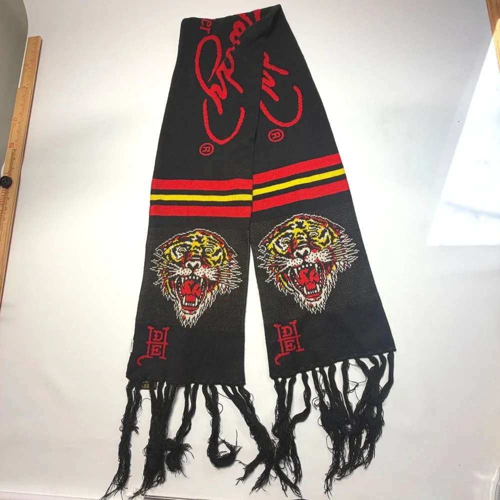 Ed Hardy Tiger Scarf Y2K McBling‎ Tattoo Graphic Black Fringe